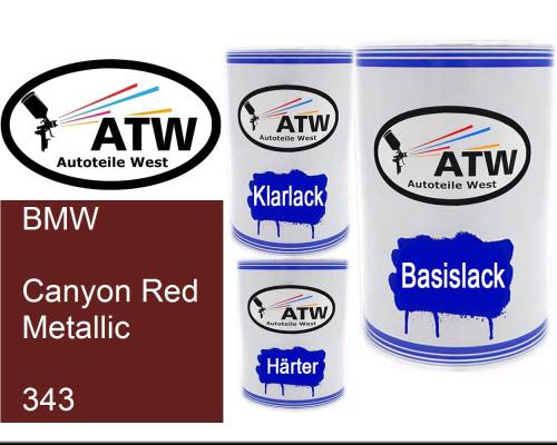 BMW, Canyon Red Metallic, 343: 500ml Lackdose + 500ml Klarlack + 250ml Härter - Set, von ATW Autoteile West.
